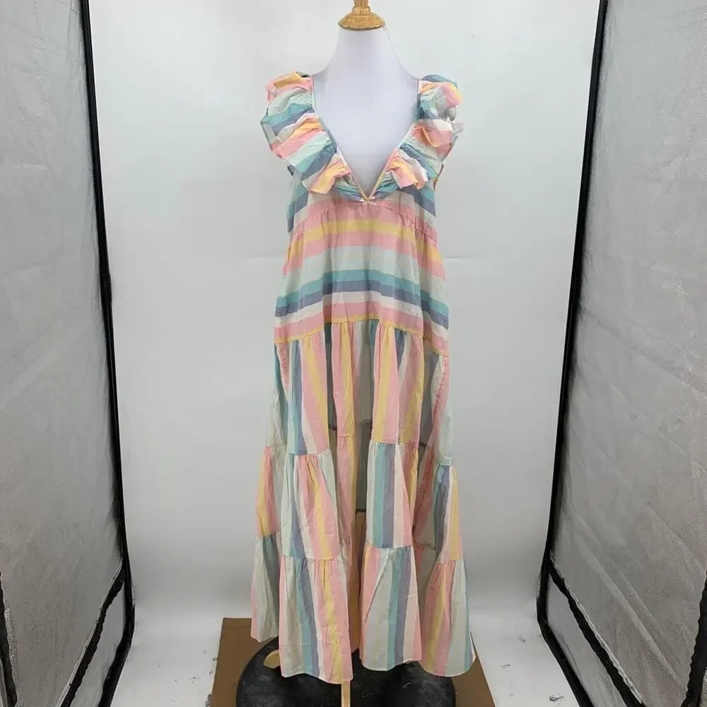 J Crew Dress Womens XL Extra Small Multi Cotton Tiered Ruffle Stripe Beach Cover